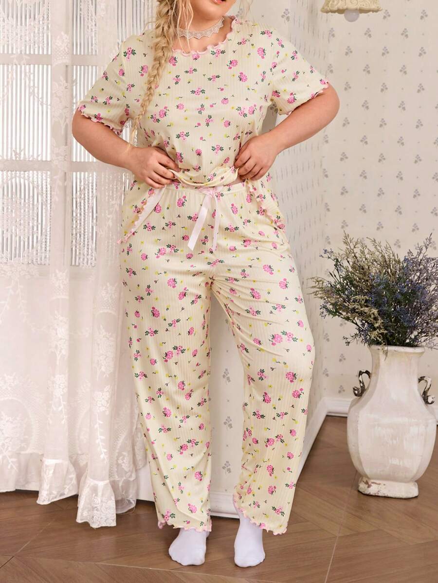 CottageSlumber Lettuce Edge Ditsy Floral Short Sleeve Long Pants Plus Size Women's Pajama Set - Yellow - View 1