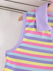 SHEIN Tween Girls 2pcs/Set Summer New Knit Textured Striped Fabric Contrast Color Polo Collar Clip-On Patchwork Front 3D Embroidered Patch Decor - Purple - View 5