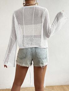 SHEIN Swim 女款素色長袖鏤空和服式罩衫 - 白色 - 查看 2