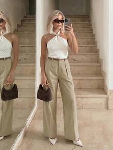 Sinnesro Premium Sage Green Long Pants, Autumn Elegant Casual Teachers' Day Style, Fashion Versatile Commute Work Business Brunch - Khaki - View 8