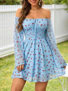 Vestido corto para mujer con mangas largas de hombros descubiertos, con estampado de cerezas y cierre delantero - Negro - Ver 11