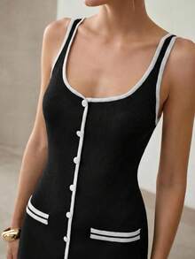 MOTF PREMIUM SPRING/SUMMER CONTRAST BINDING SPLIT HEM SLIM FIT SWEATER DRESS - Black - View 2