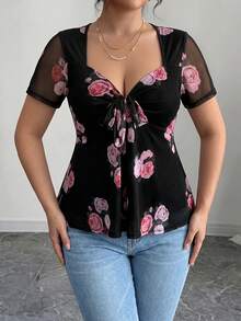 Elenzga Plus Size Versatile Premium Mesh Digital Floral Print T-Shirt - Multicolor - View 4
