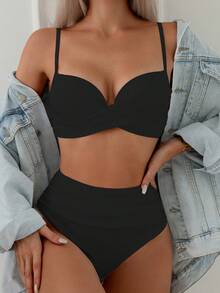 SHEIN Swim Women's Solid Color Ruched Camisole Top And Triangle Bikini Bottom Swimsuit Set (Underwire Style) - Black - View 1