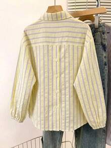 SHEIN Tween Girl Striped Long Sleeve Single-Breasted Casual Loose Shirt - Yellow - View 3