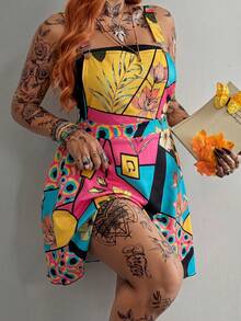 Whyspr Plus Size Spring Summer Multi-Color Patchwork Strap Dress - Multicolor - View 1