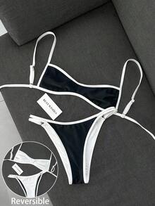 Swim Mod 女款夏季海灘極簡優雅浪漫休閒度假性感甜美可愛時尚泳衣套裝，百搭百搭黑白對比，可正反穿黑白，多種造型選擇，平口微比基尼，適合海灘、度假村、水療、音樂節、蜜月及休閒度假場合 - 黑與白 - 查看 3
