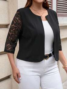 Reflora Plus Size Elegant Commuter Lace Patchwork Jacket Fall - Black - View 4
