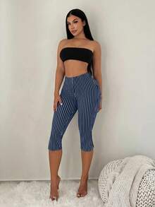 SHEIN SXY 女款條紋休閒百搭日常出遊緊身內搭褲 - 藏蓝色 - 查看 5