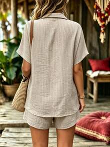 EMERY ROSE Women's Woven Casual Resort Summer Two Pieces Set - Apricot - View 2