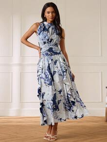 Lilora Women's Elegant Romantic Floral Halter Neck Midi Dress High-End Versatile Casual Mother Of The Bride Party Summer Wedding Navy Blue Floral - Multicolor - View 2