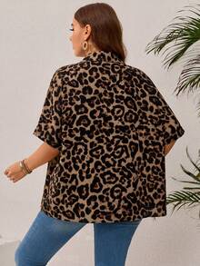 EMERY ROSE Women's Plus Size Loose Short Sleeve Casual Open Front Shirt With Retro Leopard Print, Suitable For Spring And Summer - Multicolor - View 2