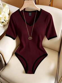 Franclia Women's Solid Color Ribbed Knit V-Neck Short Sleeve Bodysuit - Burgundy - View 1