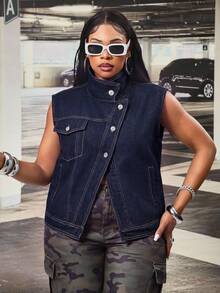 Slaydiva Rompi Denim Kasual Wanita Ukuran Besar dengan Kancing Tunggal dan Kantong - Dark Wash - View 6