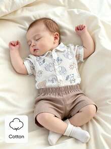 SHEIN Vintaside Kids Infant Toddler Baby Boys Summer Cute Animal 2-Piece Set, Collared Short Sleeve Button-Up Shirt With Cute Cartoon Animal Print And Elastic Waist Shorts, Baby Boy Shirt Set, Baby Summer Set, Baby Boy Cute Animal Set, Baby Clothing, Baby Boy Summer Shirt And Shorts 2-Piece Set - Khaki - View 2