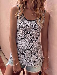 Women's Spring/Summer New Hot-Selling Faux Lace Print Pattern U-Neck Casual Versatile Tank Top - Multicolor - View 3