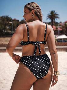 SHEIN BAE CURVE 大尺碼女款夏季海灘波點細肩帶比基尼三角褲兩件式泳衣套裝 比基尼泳裝 - 黑色 - 查看 4