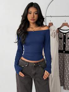 Black Off-Shoulder Fitted Casual Long Sleeve Basic Base Layer T-Shirt - Navy Blue - View 4