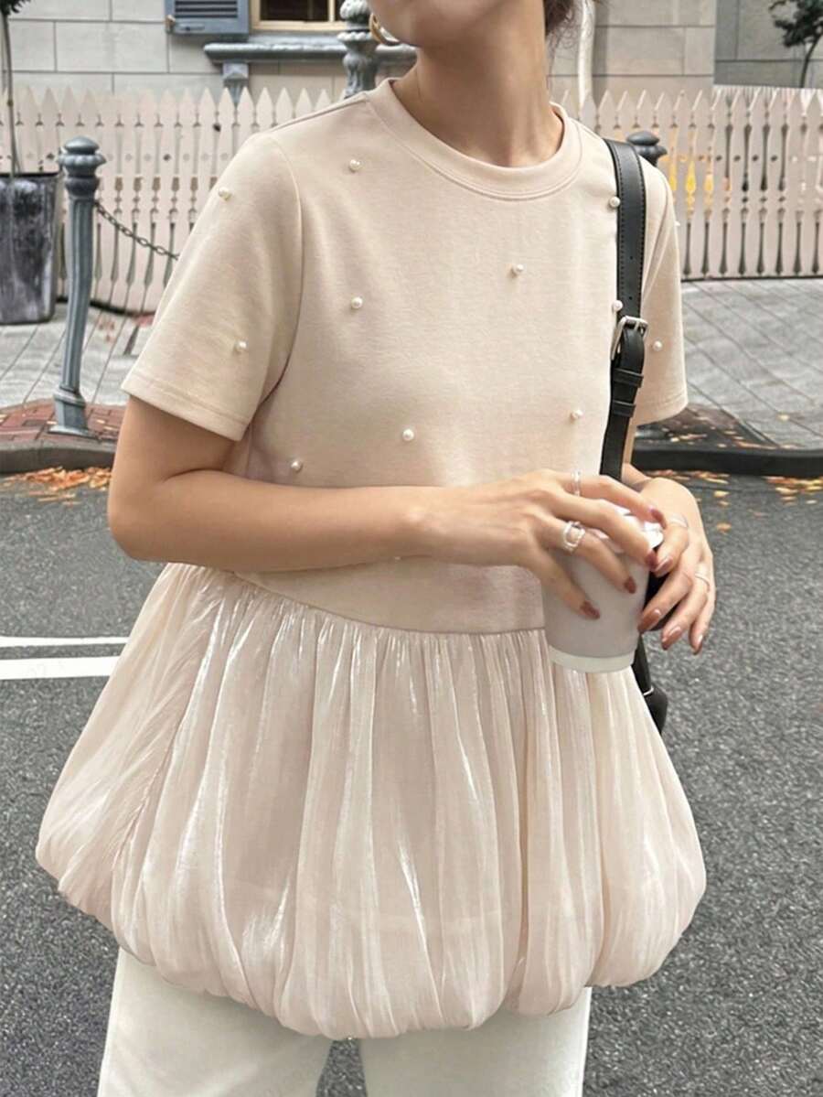 FRIFUL 女款夏季純色圓領短袖水鑽裝飾抓皺T恤可愛上衣 - 米色 - 查看 1