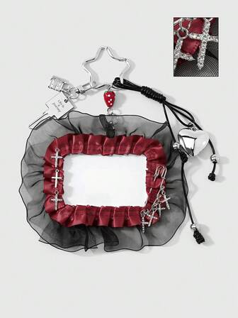 Goth 1 Spice Girl Dark Wind Negro Rojo Fresa Amor Mini Candado Llave Strass Cruz Alfiler Cinta Malla Encaje Estuche Tarjeta Llavero Colgante Bolsa, Usado por Chicas