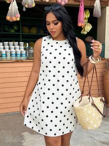 SHEIN CURVE+ Plus Size Summer Casual Polka Dot Print Denim Dress Dresses For Women Summer - White - View 4