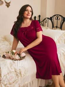 Côtesoire Comfortable Knitted Ribbed Casual Home Lace Patchwork Minimalist Long Loose Plus Size Nightgown - Burgundy - View 5