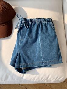 CovetEZ Women's Drawstring Waist Casual Versatile Daily Travel Denim Shorts , Summer Brazil World Cup 2026 Beach Going Out Casual - Medium Wash - View 4