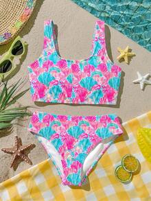 Tween Girls Casual Tropical Cute Simple Camisole Tank Top Triangle Bikini Bottom Swimsuit Set, Suitable For Summer Vacation Beach Pink - Multicolor - View 4