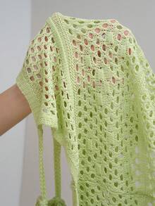 Comfortcana 大尺碼網紗鏤空繫帶針織細肩帶背心 萊姆綠 夏季可愛波希米亞風 度假郵輪約會穿搭 - 綠色 - 查看 7