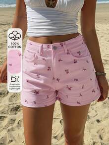 Livesso Ditsy Floral Frayed Hem Casual Women Denim Shorts - Pink - View 1
