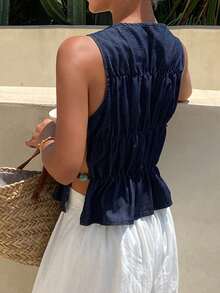 Livesso Round Neck Sleeveless Waist-Cinching Women's Denim Top Summer - Blue - View 2