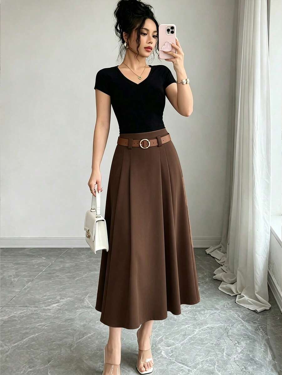 SHEIN Raffinéa 春夏常规女式褶皱拼接卡其色长裙,优雅休闲装,适合外出、通勤、度假、上学、居家,百搭 - 咖啡棕 - 查看 1