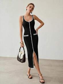 MOTF PREMIUM SPRING/SUMMER CONTRAST BINDING SPLIT HEM SLIM FIT SWEATER DRESS - Black - View 1