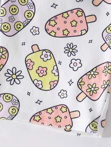 1 Set Girls Ice Cream And Floral Print Fitted Pajamas, Short Sleeve Top And Shorts, Spring/Summer Style - White - View 5