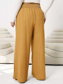 Solflare New Casual Loose Fit Plus Size Trousers, Linen Look Fabric, Elastic Waist With Gathered Detail, Mustard Yellow, Suitable For Outings, Holiday, Summer - Light Yellow - View 2