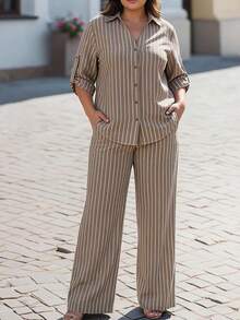 Chikora Plus Size Summer Brown Open Front Two Pieces Set, Brown Two Pieces Set, Office Wear, Suitable For Multiple Occasions - Multicolor - View 10