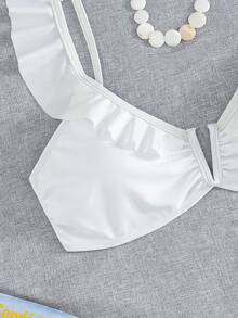 Swim Basics 新款歐美女款性感時尚極簡純色荷葉邊抓皺深V露背綁帶上衣 - 白色 - 查看 7