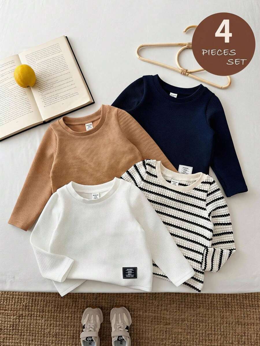 LMoss Kids 4pcs Baby Boy Knitted Solid Striped Crew Neck Casual Tops Set - Multicolor - View 1
