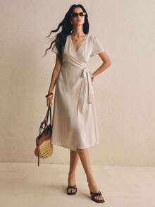 Poéselle Women's Striped Side Waist Tie Short Sleeve Casual Dress - Apricot - View 6