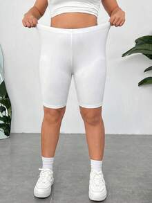 Comfortcana Casual Minimalist Plus Size Women's White Short Leggings Summer - White - View 4