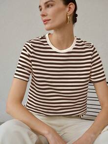 MOTF PREMIUM KAOS LENGAN PENDEK LEHER BULAT SERBAGUNA UNTUK WANITA MUSIM PANAS, ATASAN BERGARIS KASUAL SERBAGUNA DENGAN BLOK WARNA - Coklat - View 6