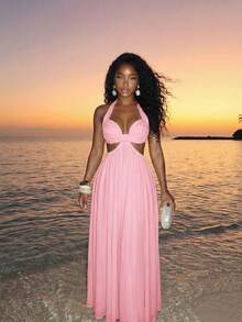 Slaydiva Vacation Beach Solid Color Backless Halter Neck Dress - Pink - View 6