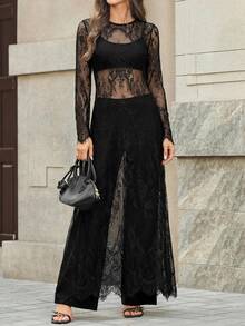 Editum Women's Round Neck Long Sleeve Lace Loose Long Dress Fall Women - Black - View 12
