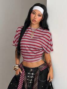 Coolane Women's Summer Minimalist Y2K Basic Daily Wear Casual Back To School Streetwear Stretchy White Loose Ruched Crop Tees - Red - View 3