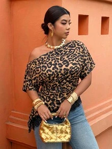 Weeklong Plus Size Women's Spring/Summer Asymmetric Neckline Asymmetric Hem Lace Patchwork Leopard Print Casual Sexy Business Casual Vacation T-Shirt - Multicolor - View 4