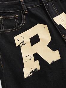 ROMWE Women's Slogan Wide Leg Jeans Street Style Hot Girl Music Festival Versatile Yellow Letter Print - Black - View 4