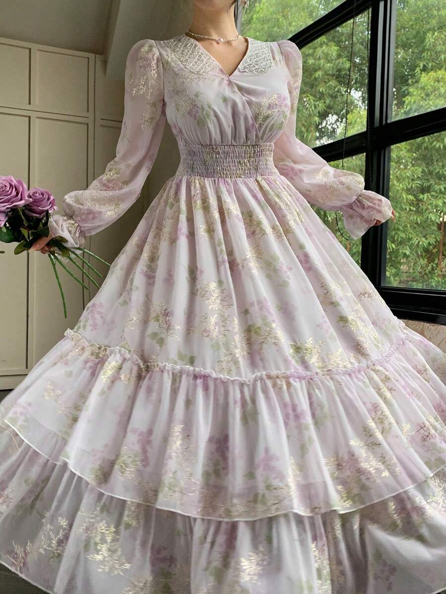 DAZY French V-Neck Lantern Sleeve Floral Print Dress For Women, Cinched Waist, Flared Hem, Flowy Design, Long Dress Fall - Pink - View 1