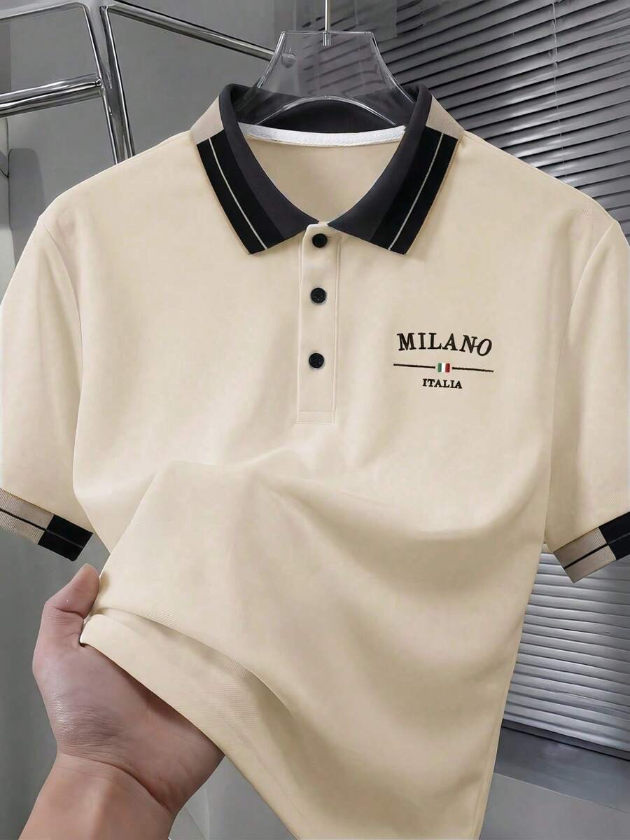 Manfinity CasualCool 男士珠飾刺繡羅紋領短袖休閒 Polo 衫 - 杏色 - 查看 1