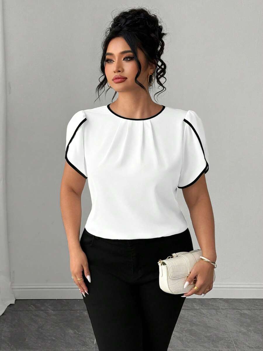 Elenzga Plus Size Women's Patchwork Round Neck Top With Ruffle Short Sleeves And Trim - Black and White - View 1