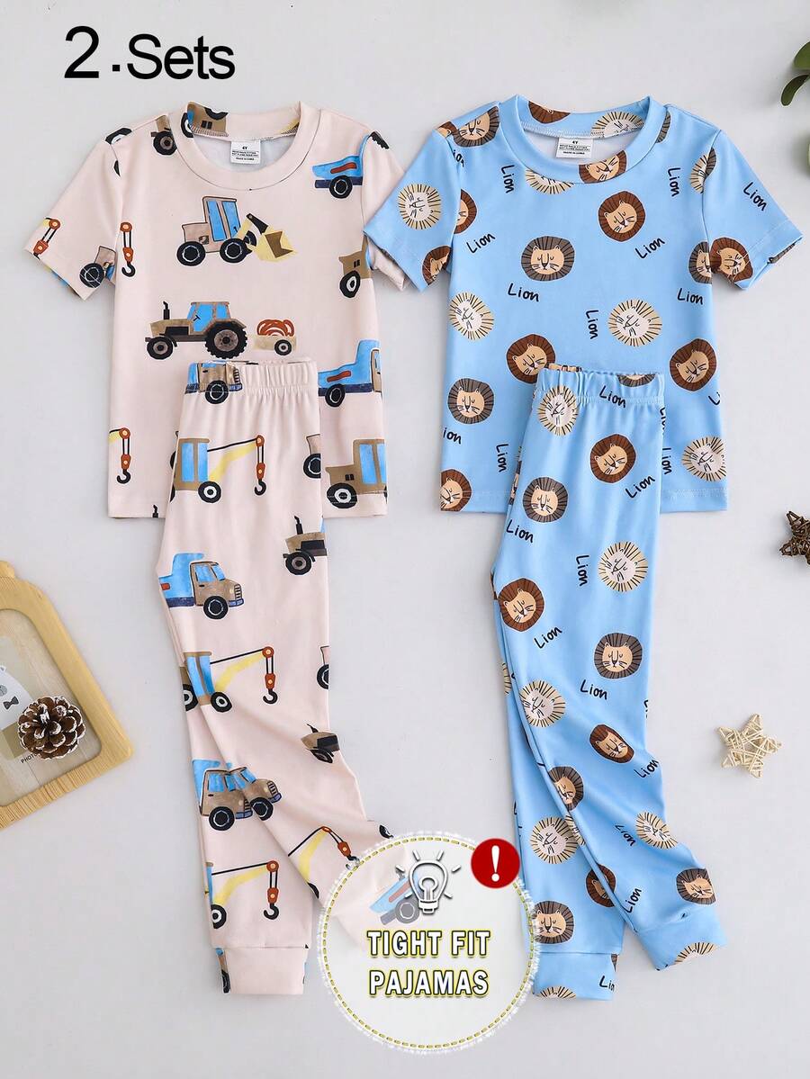 Boy's And Young Boy Cute Cartoon Print Short Sleeve Long Pants Knit Snug Fit Pajama Loungewear Set - Multicolor - View 1
